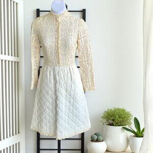 Vintage 60s Ivory Modest Lined Lace Top Quilted Skirt Long Sleeve Midi Dress